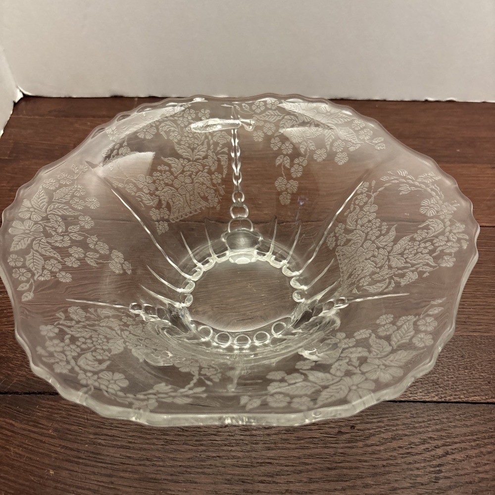 NEW MARTINSVILLE 10-1/2" 3-TOED FOOTED BOWL FLOWER BASKET ETCHED CLEAR VG